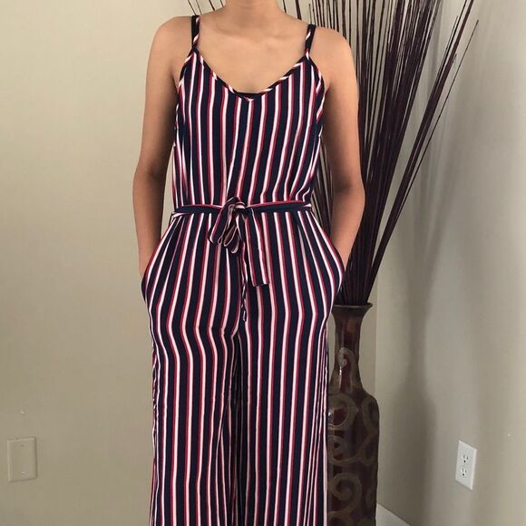 Ambiance Sleeveless Jumpsuit M Striped Pockets Adjustable Straps Red White Navy - Picture 6 of 11